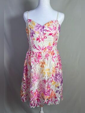 NWT Boutique Flying Tomato Pink, Purple & Yellow Floral Eyelet Mini Dress
